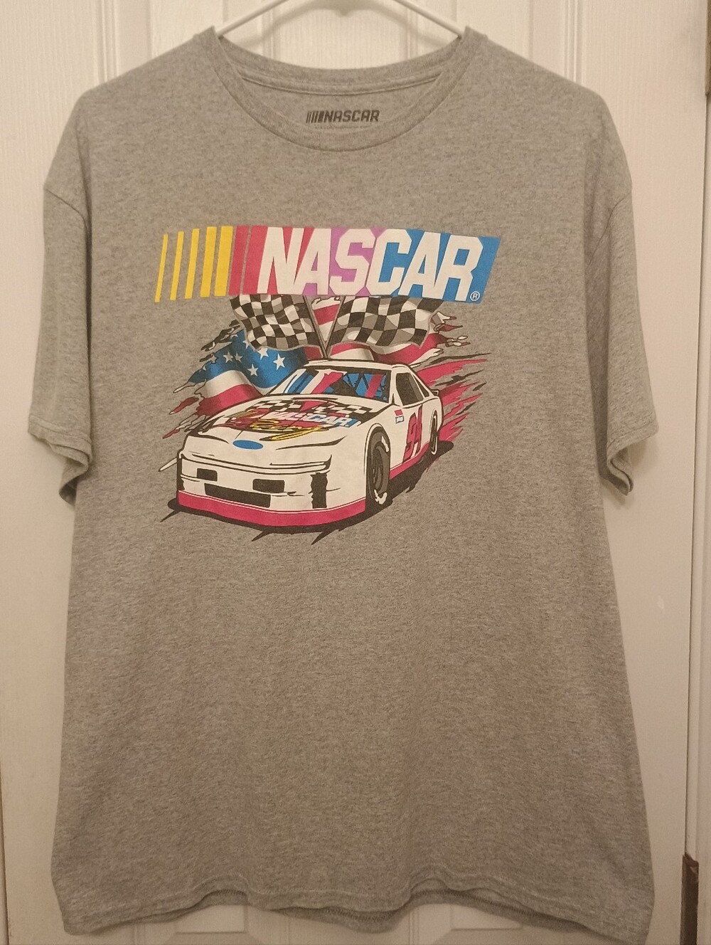 Nascar Gray Tee with White Race Car and Multicolor Logo Large